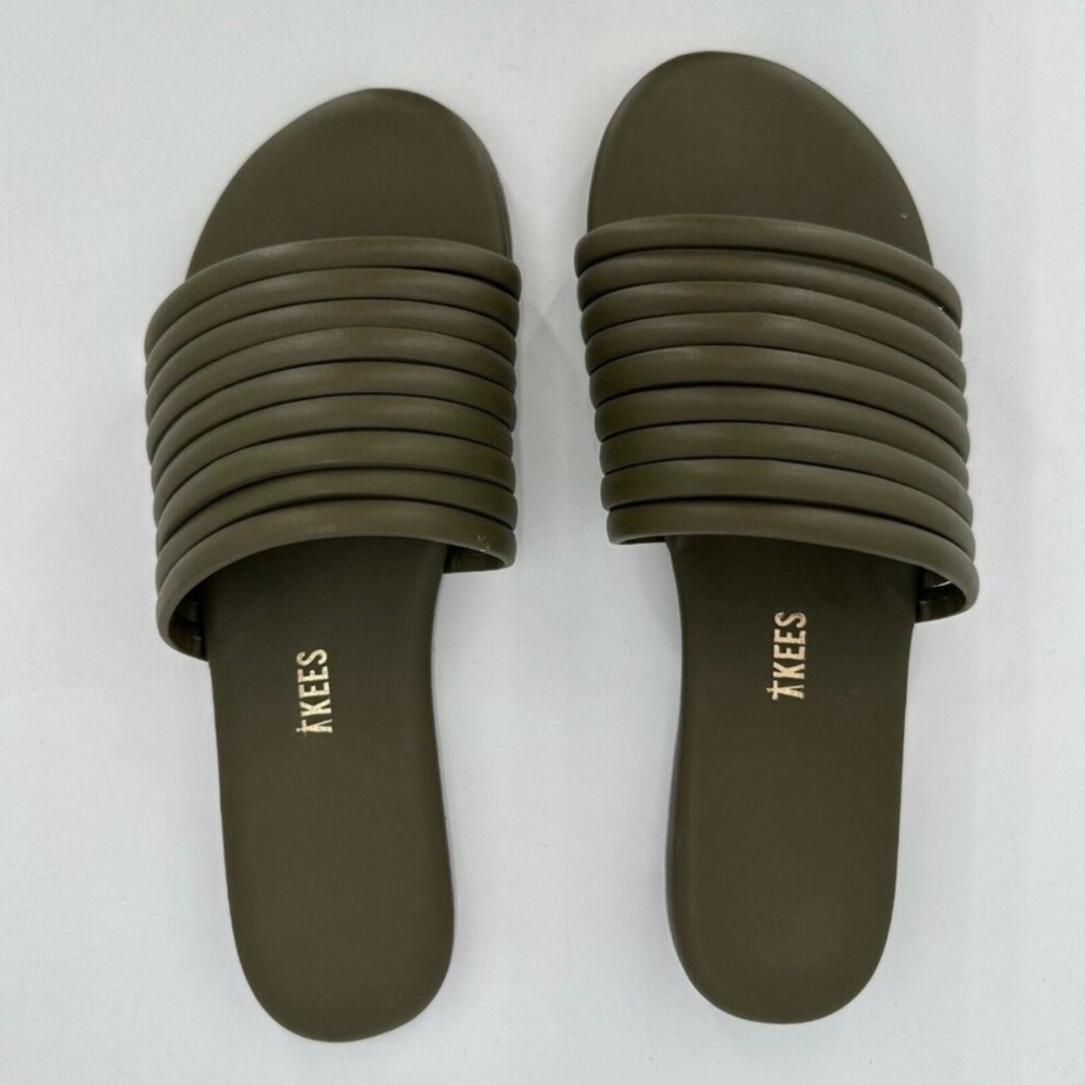 TKEES Women's Caro Leather Slide Sandals in Olive Green sz 9 EU 40 Wide Strap